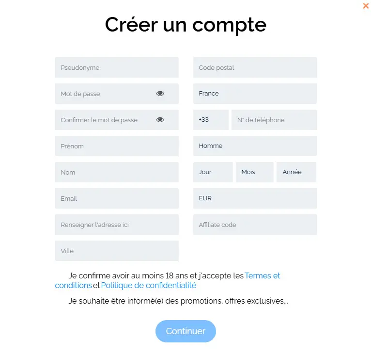 Processus d'inscription JACK21 CASINO
